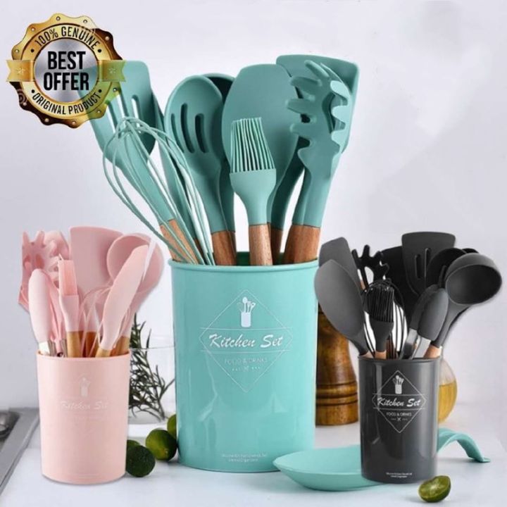 12pcs Kitchen Utensil Set Silicone Household Wooden Cooking Tools Set
