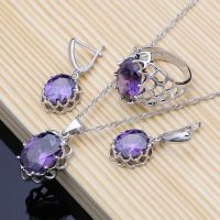 Women Birthstone Silver 925 Jewelry Sets Purple Amethyst Crystal Exquisite Lady Earrings Ring Fashion Collares Set Dropshipping