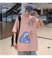 น่ารัก Little Shark พิมพ์เสื้อยืดสั้นชายแนวโน้มนักเรียนหลวมๆเสื้อผ้าหน้าร้อน Oversize Top