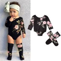 0-18 Months Baby Girls Clothes Set Long Sleeve Baby Rompers Black Floral Print Girls Bodysuits Baby Socks Newborn Child Baby Set  by Hs2023