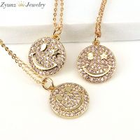 5PCS, Crystal Smile Necklace For Women Korean Fashion Gold Color Neck Jewelry CZ Pave Round Face Pendant Collier Femme NEW Hot