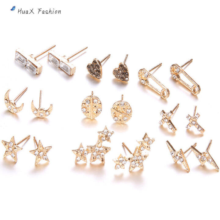 9คู่-ear-studs-เลดี้ต่างหูแฟชั่นชุดเพชรปลอมฝัง-star-moon-รอบรักรูปร่าง