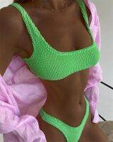 Sundfotday Wrinkle Fabric Bikini Women Solid Green Swimsuit Cnady Color Bathing Suit Push Up Biquini Brazilian Swimwear Jersey