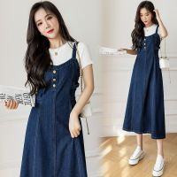 【YF】 S-5XL Women Denim Strap Dress High Waist Sleeveless A-Line Jean Maxi Dresses Spring Summer Lace Up Solid Color