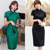 【CW】 Cheongsam Chinese Traditional Women Dress Qipao Solid Color Sexy Lace Short Dresses Vintage Elegant Slim Evening Party Summer