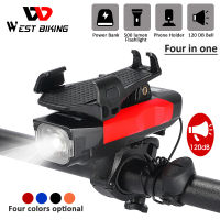 WEST BIKING USB Rechargeable Bike Light Bicycle Horn Bell Phone Holder Multifunctional LED Lamp Cycling Accessories