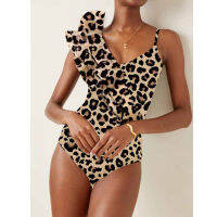 【 Cw】sleek Leopard Print Ruffle ชุดว่ายน้ำชิ้นเดียว2022ใหม่สไตล์สลิงบิกินี่ Elegant Backless ชุดว่ายน้ำ Slim High Waist Beachwear