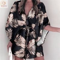 COD DSTGRTYTRUYUY Casual Boho Beach Vacation Mini Dress Women Summer Print Lace Up Button Batwing Sleeve Dresses