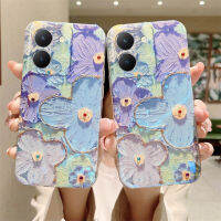 เคสลายดอกไม้ภาพสีน้ำมันสำหรับ VIVO Y27 5G เคสโทรศัพท์ซิลิโคนนิ่มแวววาวประกายแสงสีฟ้า