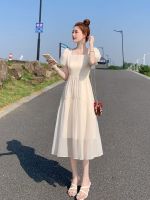 Pure color dress female summer new party brought temperament show thin hubble-bubble sleeve top niche design of French fairy skirts