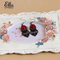 Ellastore 1 Pair Gothic Vampire Halloween Black Lace Red Flowers Dangle Earrings