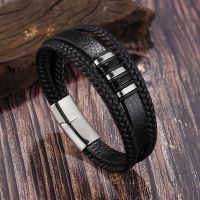 European And American Popular Stainless Steel Leather Bracelet Men 39;s Multilayer Woven Leather Bracelet