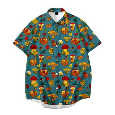 เสื้อฮาวายทรงเห็ดสำหรับผู้ชายเสื้อผ้าวินเทจเสื้อมีกระดุมแนวย้อนยุค3D สุดสร้างสรรค์เสื้อชายหาดวันหยุด