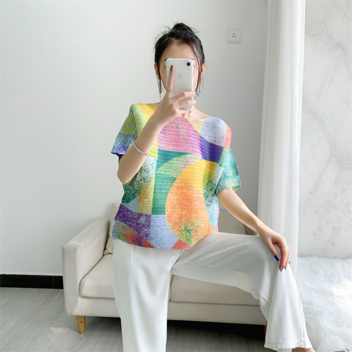 new-womens-casual-pleated-print-t-shirt-short-sleeved-round-neck-pleated-top