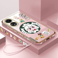 Casing Ponsel เคสสำหรับ OPPO A78 4G A78 4G ฟรีสายคล้อง Infinix Note 30 VIP + น่ารักการ์ตูนเด็กผู้หญิงขอบสี่เหลี่ยมเคสชุบเคสโทรศัพท์หรูหราเคลือบเคสโทรศัพท์นิ่ม