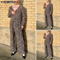 Beehoo INCERUN Mens V Neck Long Sleeve Leopard Printed Cargo Jumpsuits Wide Leg Romper (สไตล์ตะวันตก)