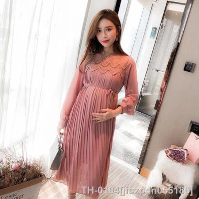 □♘☢ jiozpdn055186 Vestidos de chiffon roupas para grávidas manga longa vestidos plissados gravidez vestido maternidade primavera novo