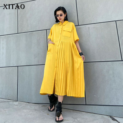 XITAO Dress Solid Color Women Asymmetrical Pleated Splicing Shirt Dress