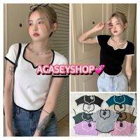 Acasey เสื้อครอป คอวีหยดน้ำ แขนสั้น แต่งขอเกร๋ๆจ้า ไซส์ 32-36นิ้ว