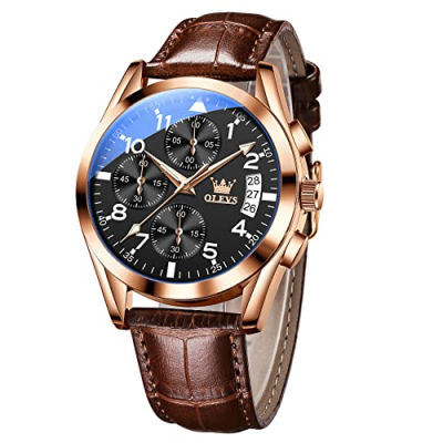 OLEVS Mens Casual Leather Watch, Big Face Chronograph Watch for Men, Fashion Easy to Read Dress Watch, Mens Waterproof Luminous Date Analog Watch, Gold/Black/White/Blue Dial Rose Gold Black Dial/Brown Leather Strap