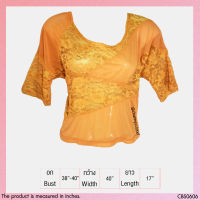 USED - Orange Yellow Lace Crop Top | เสื้อแขนสั้นสีส้ม สีเหลือง เสื้อลูกไม้ เสื้อครอป ลูกไม้ ลายดอก สายฝอ สาวอวบ มือสอง