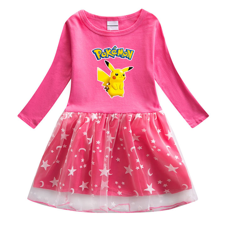 ในสต็อก-pikachu-เด็กสาวแขนยาวชุดผ้ากอซ2022ฤดูใบไม้ผลิฤดูใบไม้ร่วงใหม่เด็กแฟชั่นพิมพ์ผ้าฝ้ายชุดคอกลม