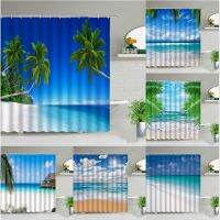 ทิวทัศน์ธรรมชาติ Sunny Beach Tropical Leaf Bath Curtain Ocean View ชุดม่านอาบน้ำกันน้ำสำหรับตกแต่งห้องน้ำ 180 * 180 ซม