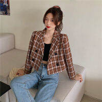 Spot parcel post womens Korean-style plaid long-sleeved jacket White