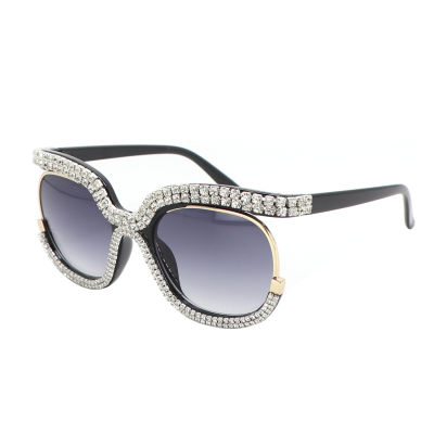 แว่นกันแดดโอเวอร์ไซส์แบบย้อนยุคผู้หญิงแว่นตากลมประดับพลอยเทียมหรูหราคริสตัล UV400แว่นตาแว่นตาเพชร