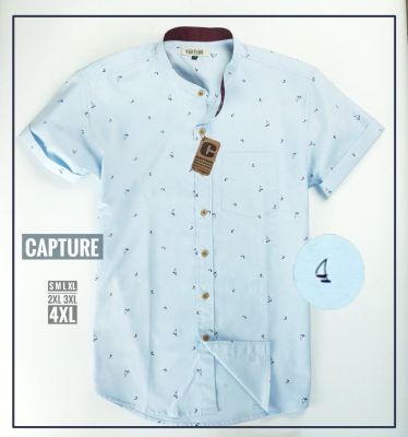 Capture Shirt เสื้อเชิ้ตผู้ชาย คอจีน แขนสั้น oxford ลายเรือใบ สีฟ้า Size S-4XL