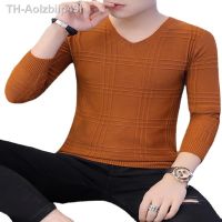 Aolzbiip49h ผู้ชายแฟชั่นใหม่คอวีสีทึบบางพอดีเสื้อสวมหัวเสื้อลำลองแขนยาวถักเสื้อ