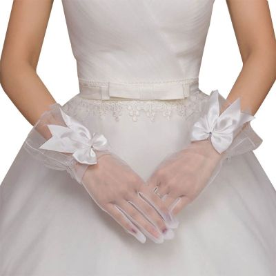 ✈❖♤ Women Girls Wedding Halloween Prom Party Lace Gloves Ribbon Bows Short Mittens