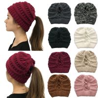 [A Flexible] ใหม่ผู้ใหญ่ผู้หญิง39; S หมวกขนสัตว์ถัก HatWinter WarmSkullcap FemalePonytail หมวก Skullies Beanies