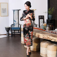 【CW】Chinese National Cheongsam Women Long Dress Long Sleeve Vintage Dresses