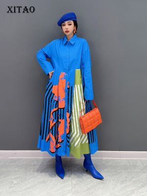 XITAO Print Pattern Striped Dress Fashion Full Sleeve Pullover Casual Dress
