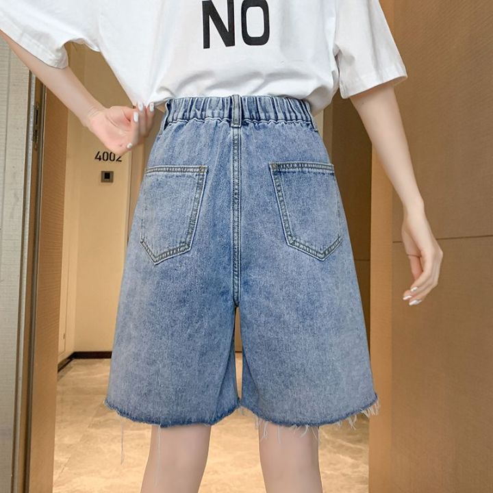 มีไซส์ใหญ่-plus-size-m-6xl-womens-elastic-waist-casual-summer-shorts-fashion-straight-blue-denim-shorts