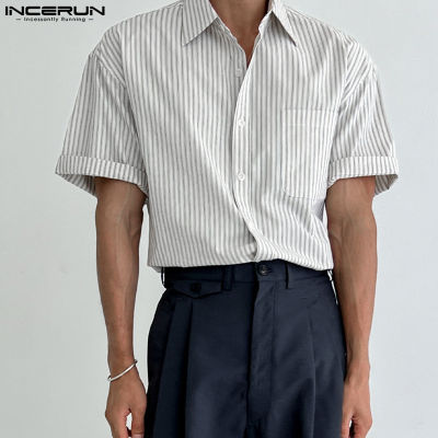 INCERUN เสื้อลำลองแขนสั้นลายทางสำหรับผู้ชายเสื้อเบลาส์ใส่ทำงานทางการติดกระดุม (สไตล์เกาหลี)