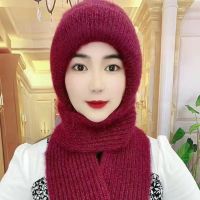 Autumn and winter riding squirrel fluff thread two-piece hat womens windproof hat scarf one-piece knitted hat