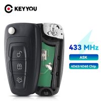 KEYYOU กุญแจรถดัดแปลง3ปุ่ม Fob รีโมทพลิกพับได้ชิป4D63 433Mhz สำหรับฟอร์ดโฟกัส Fiesta Mondeo HU101ขอ