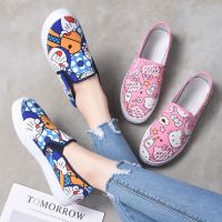 CODkjmlea30 Korean Women Graffiti Canvas Shoes Flat Bottom Hello Kitty Cartoon Casual Shoes Student Sport Shoes