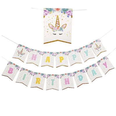 【CC】 1set Pink Glitter Unicorn Birthday Paper Flags Garland Happy Decorations Kids Supplies