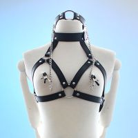 【YF】 Sex Tools for Couples Faux Leather Choker Collar with Nipple Breast Clamp Clip Chain Couple BDSM Bra Harness Chest Straps Women