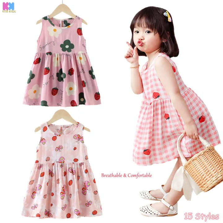 1-8 Years Korean Girls Cartoon Print Breathable Cool Dress Thin Strawberry Floral Little Girl Cotton Silk Sleeveless Skirt Plaid Casual Loose Princess Dress Top Vest Skirt