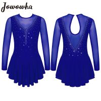 ❦▫◎ Girls Rhinestone Figure Skating Dress See-through Ballet Leotards Dresses Mesh Patchwork Style Hollow Out Performance Dancewear