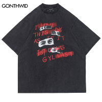 【HOT】Vintage Men Tee Shirts Hip Hop Letter Print Punk Gothic Washed T-Shirts Streetwear Harajuku Fashion Casual Loose Cotton Tshirt100%cotton