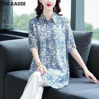 Floral chiffon shirt womens mid-length 2023 new spring temperament age-reducing small shirt slimming top blouse skirt