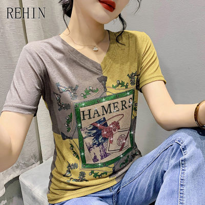 REHIN ผู้หญิงฤดูร้อนใหม่แฟชั่น V คอด้วยเพชรพิมพ์เสื้อยืดแขนสั้น Collision สีจับคู่เสื้อ