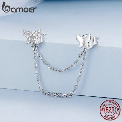 Bamoer 925 Sterling Silver One Piece Butterfly Stud Earrings Long Tassel Earrings for Women Girls Sweet Fine Jewelry Gift