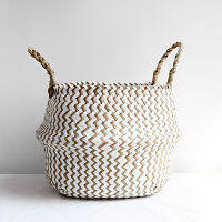 Boho Decor Striped Wicker Storage Baskets Handmade Collapsible Laundry Basket Straw Patchwork Rieten Mand Seaweed Flower