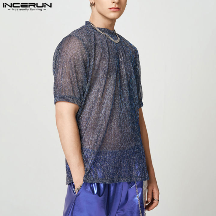 incerun-เสื้อทีเชิ๊ตผู้ชายใสเสื้อเชิ๊ตเสื้อซีผ่านแวววาวเสื้อเชิ๊ตเสื้อยืดคอกลมเสื้อยืด-สไตล์ตะวันตก